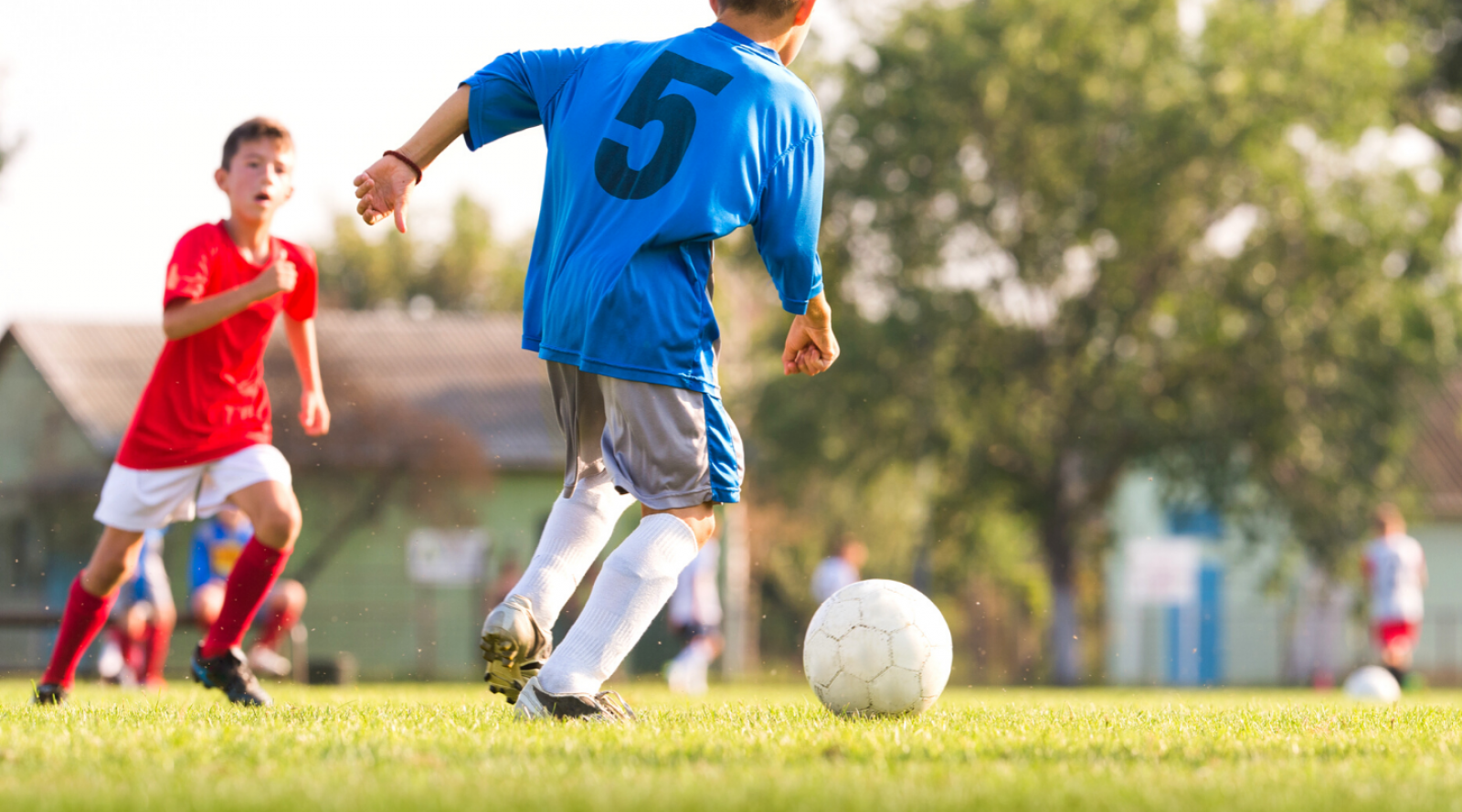 Kids playing soccer on green grass banner image